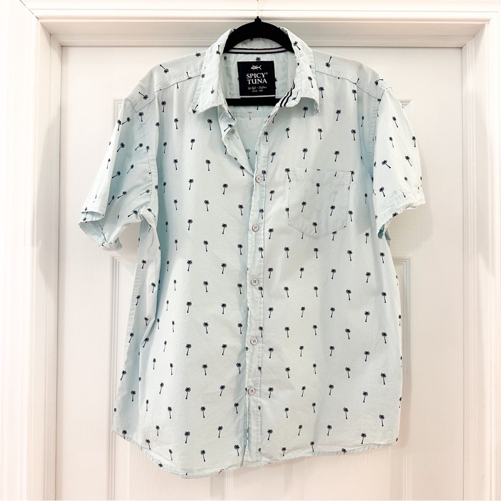 Spicy Tuna Hawaiian Aloha Palm Tree Light blue Short Sleeve Button Down Shirt L